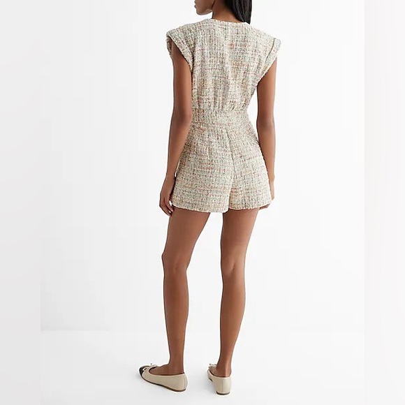 NWT Express Tweed Sequin Button Front Utility Romper - Picture 4 of 9
